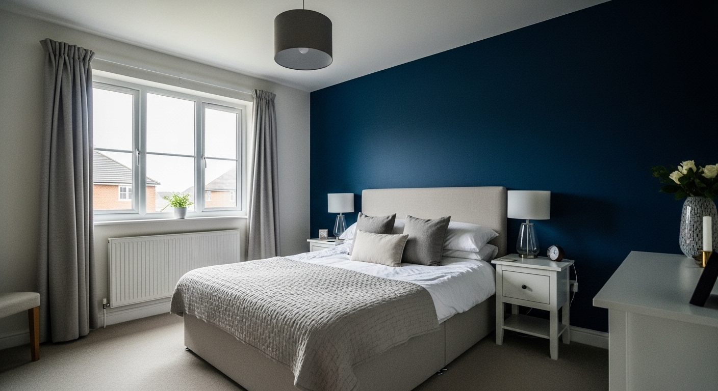 Contemporary bedroom featuring a bold navy blue accent wall with minimalistic decor and soft ambient lighting