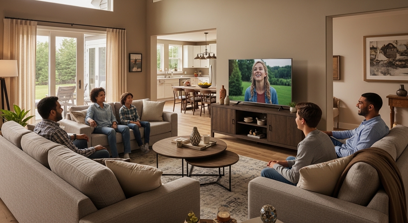 People sitting at different spots in the living room all having a clear view of the TV.