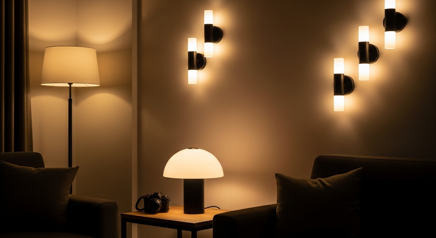 Warm-toned interior with ambient lighting featuring a stylish table lamp, elegant floor lamp, and a pair of modern wall sconces