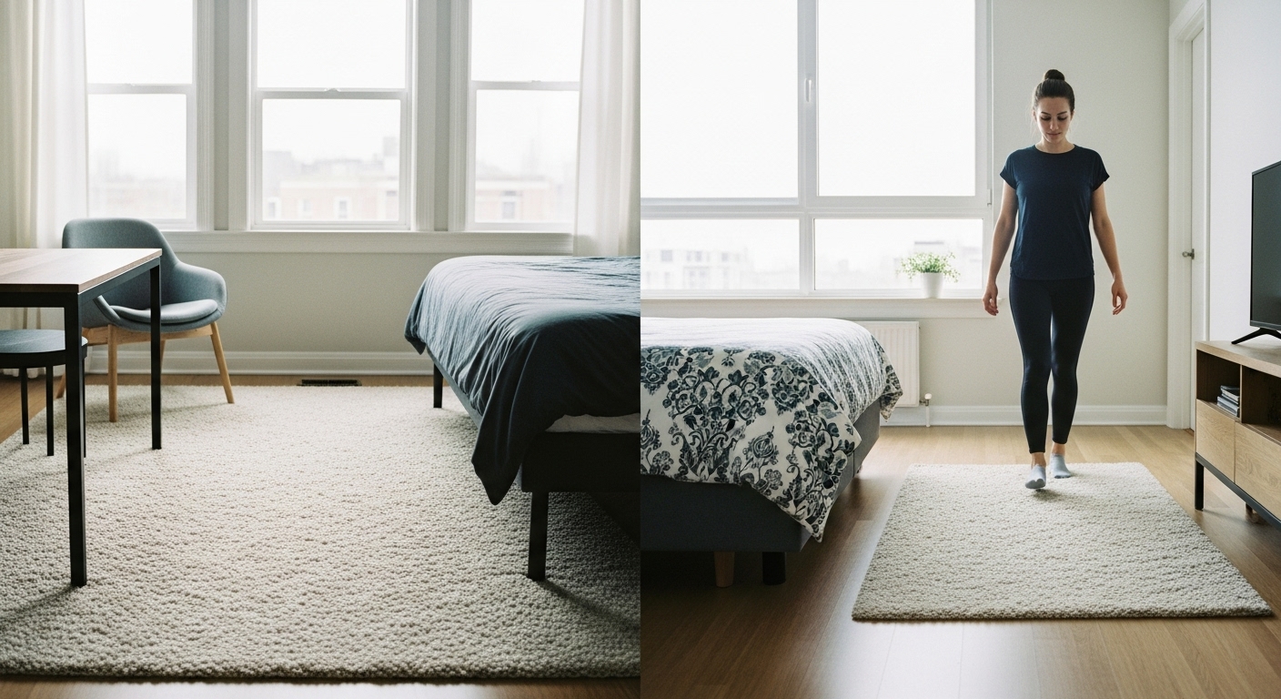 Visual representation of personal preference in rug sizes — minimal floor coverage vs. full coverage in a queen bedroom.