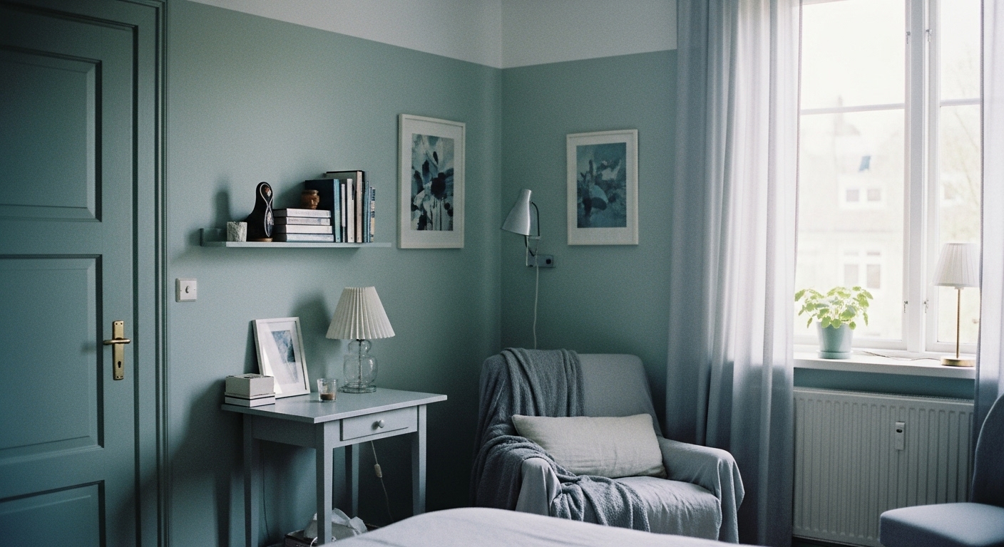 Room interior designed with analogous colors blue and green, creating a calm and serene home environment