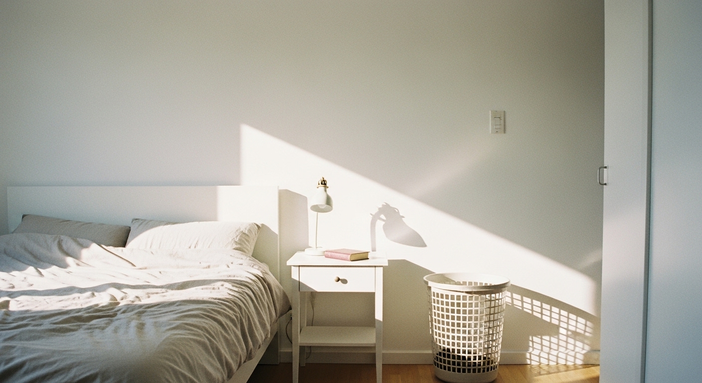 Tidy, minimalist bedroom with no visible clutter, neutral tones, clean lines, and calming decor for peaceful ambiance