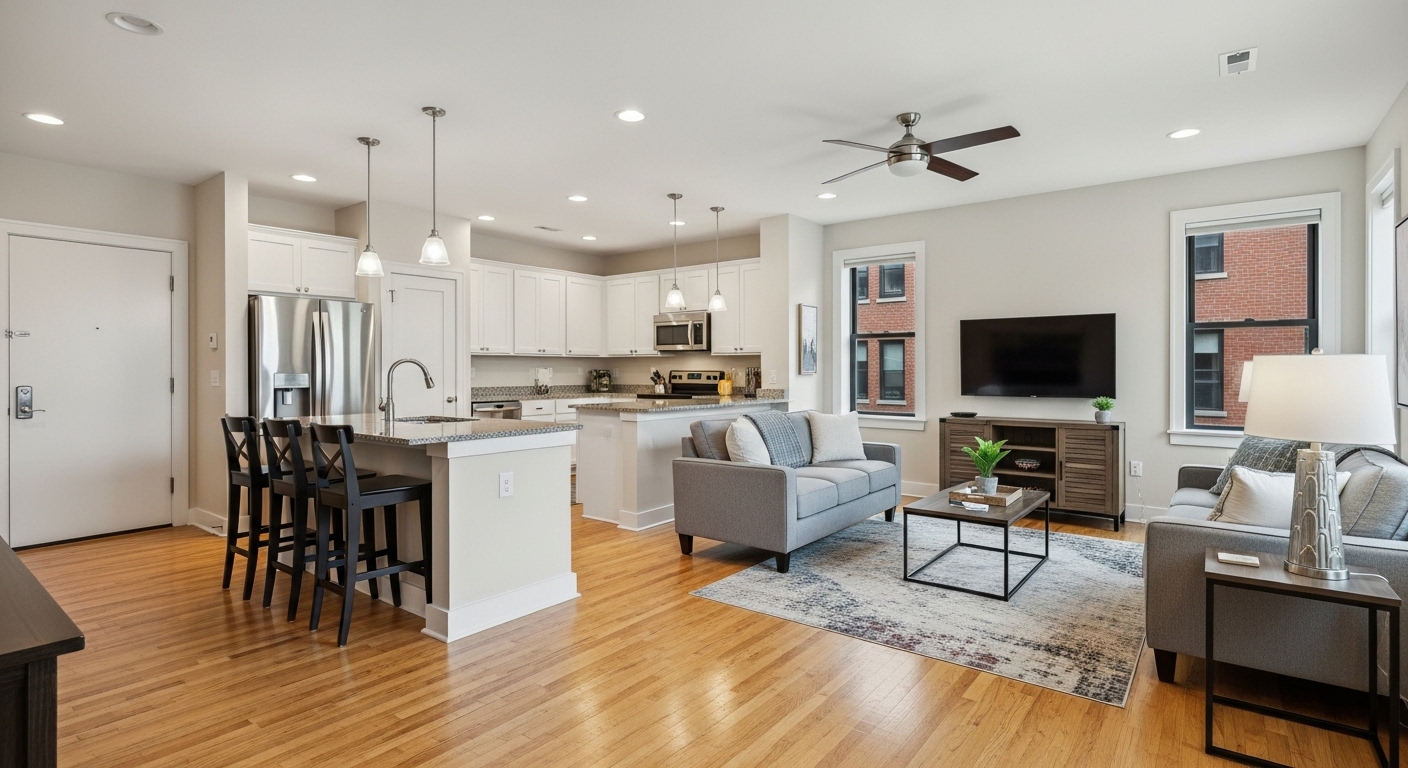 Living room with rugs placed smartly to allow clear walking paths and avoid tripping.

