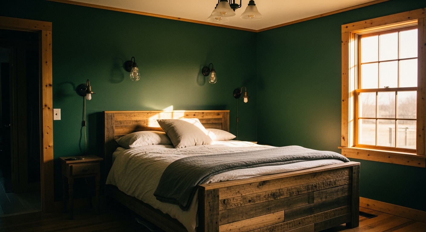 Rustic bedroom design with forest green accents, natural wood bed frame, and coarse-textured fabrics.