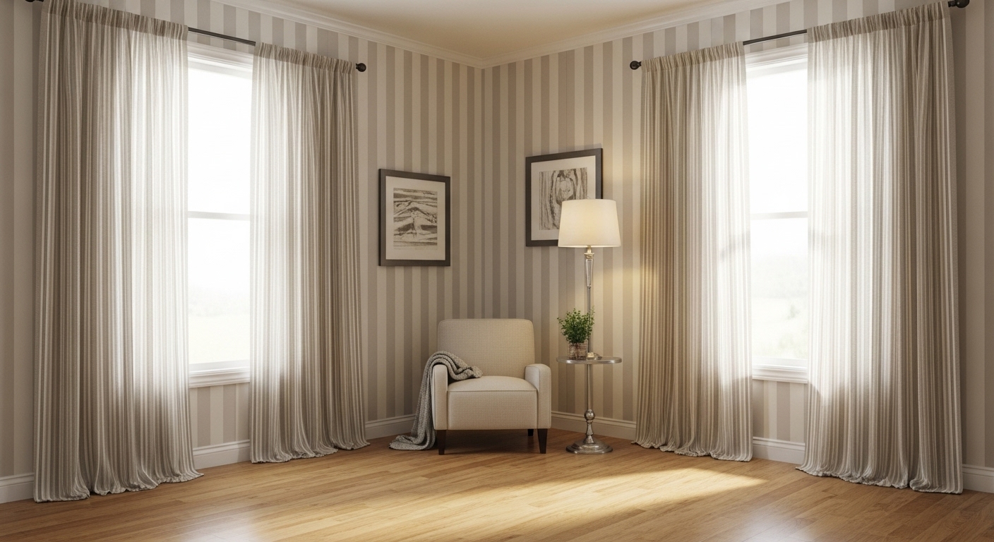 Room interior with vertical striped wallpaper and matching striped curtains, adding a sense of height and spaciousness.