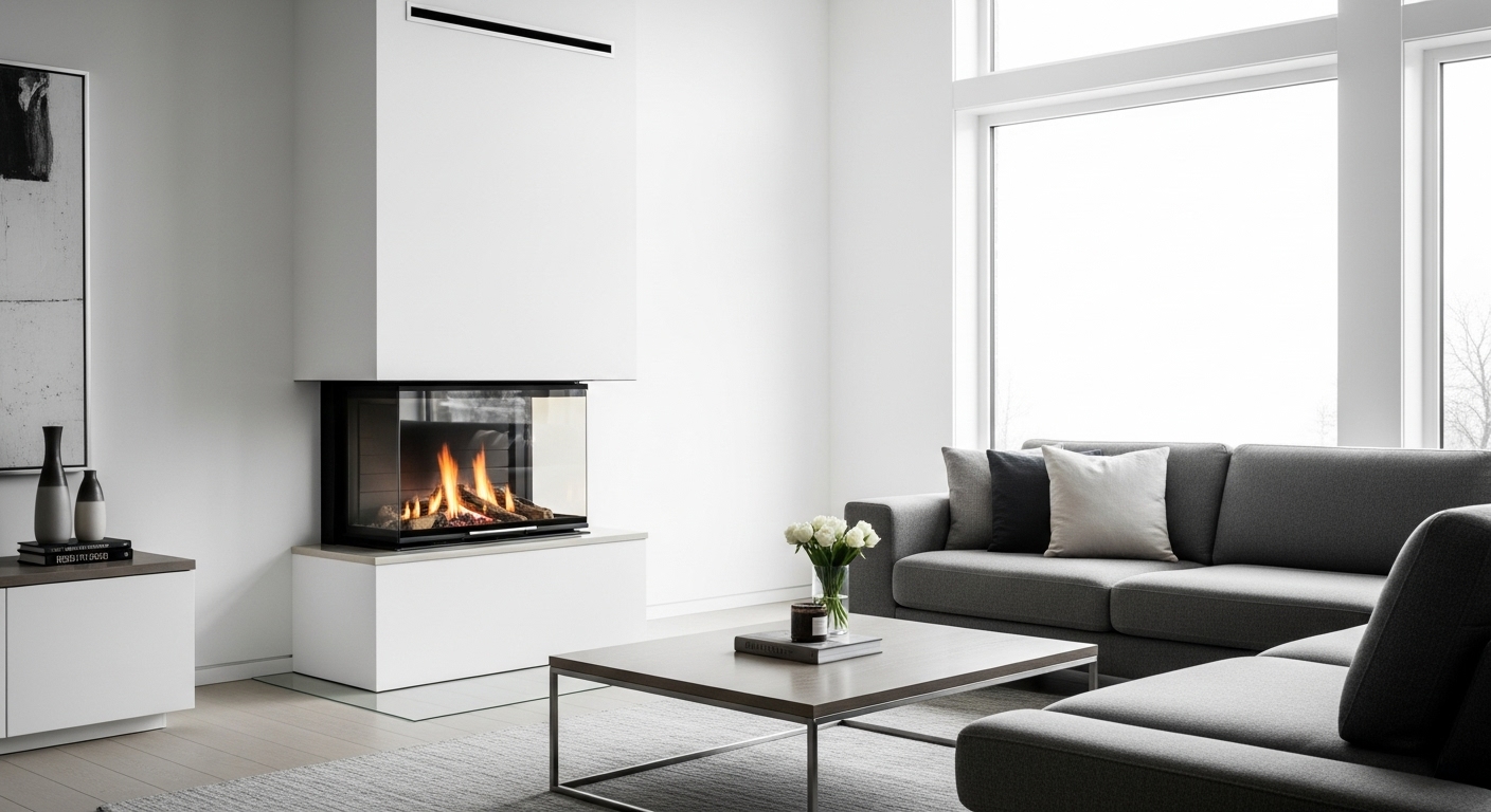 Frameless glass front corner fireplace with clean lines and minimal furniture

