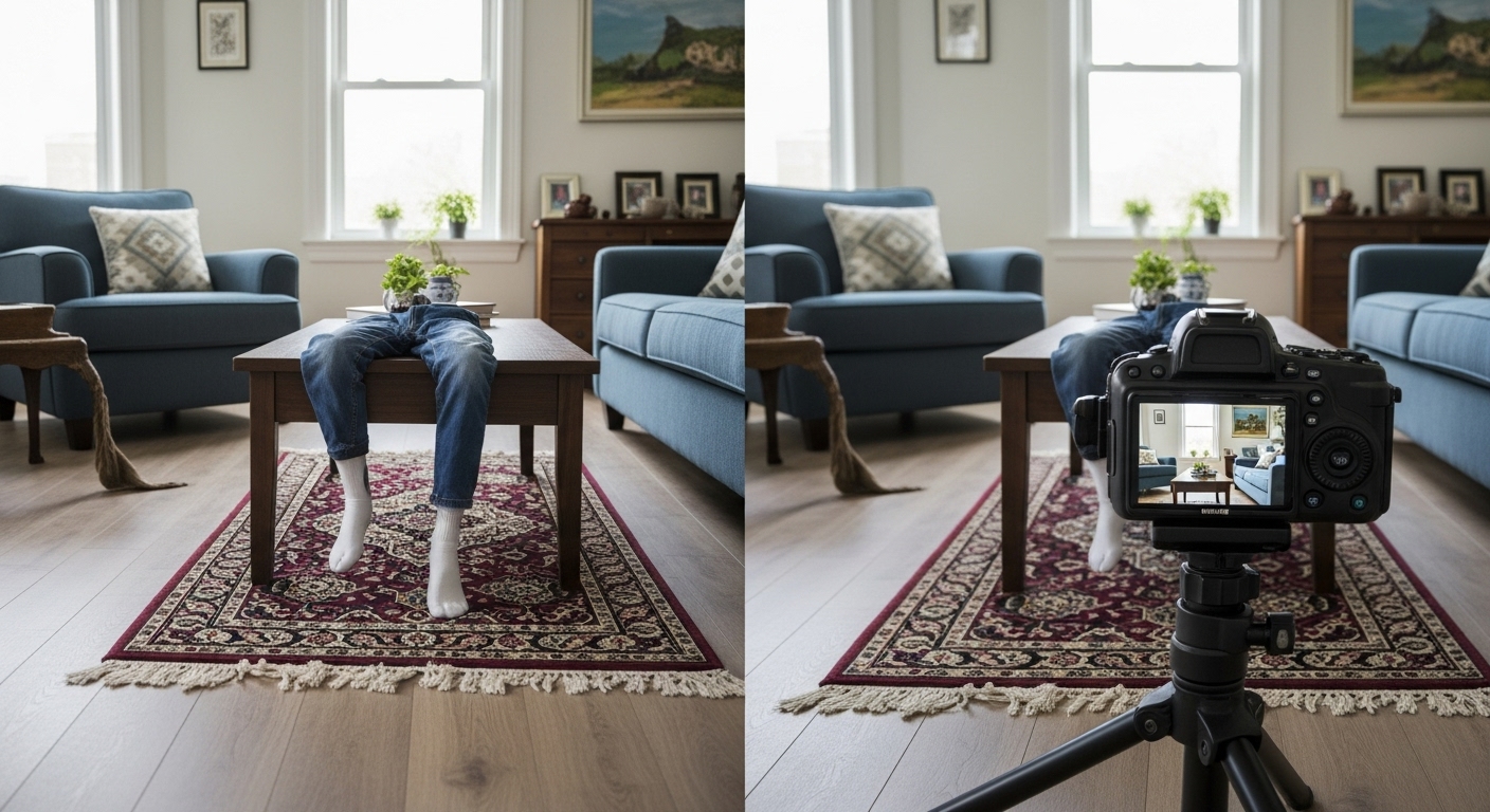 Living room showing the negative impact of using a rug that’s too small under furniture.

