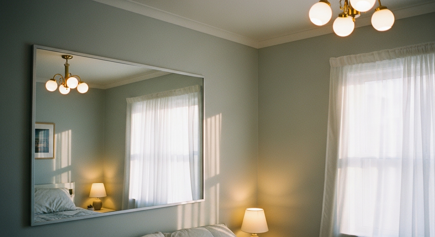 A small spare bedroom with soft lighting, a large wall mirror reflecting light, sheer curtains, and neutral-toned walls to visually enlarge the space.