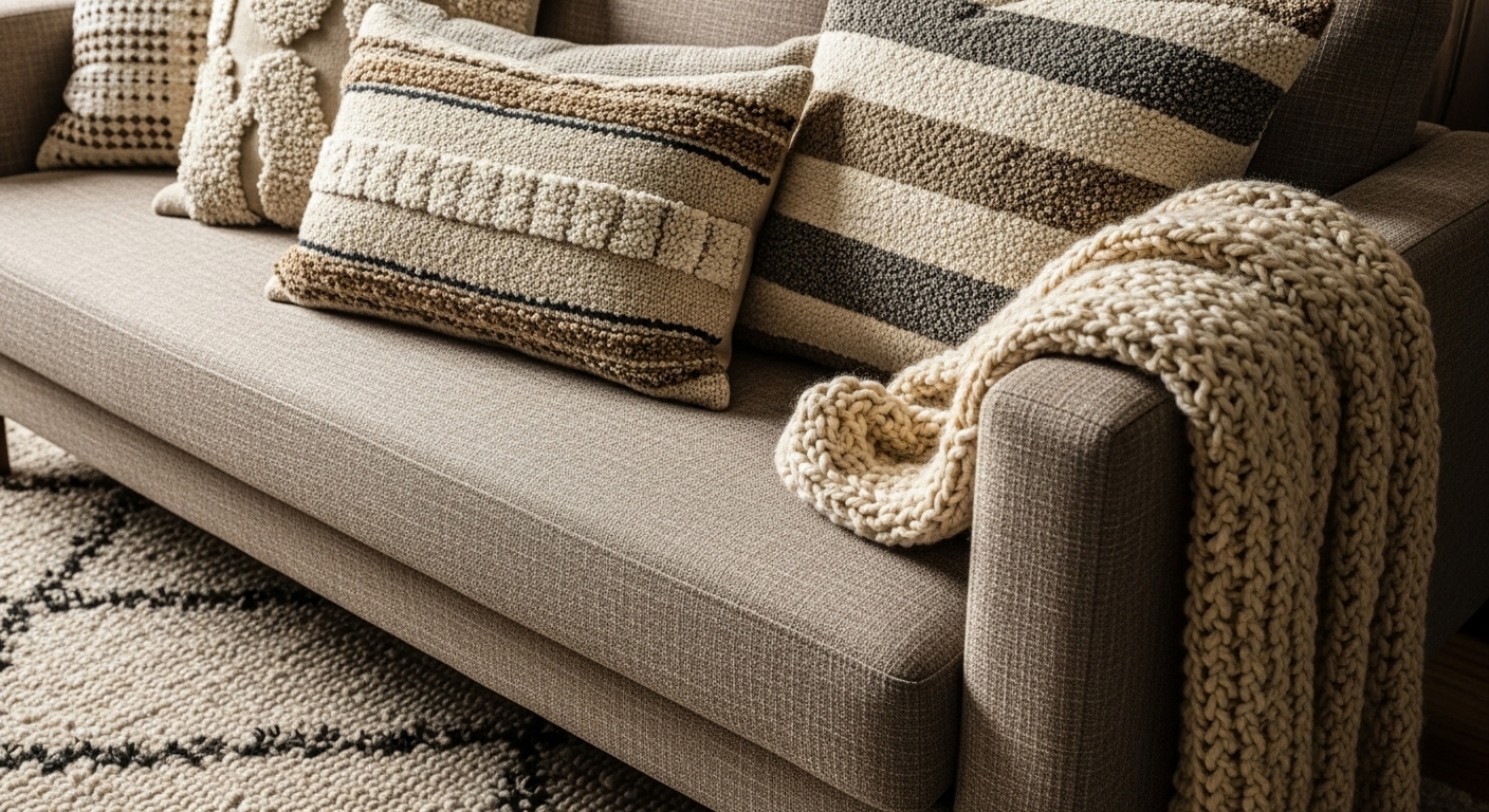 Soft pillows, a fluffy rug, and throw blankets add layers of texture to a rustic farmhouse space.