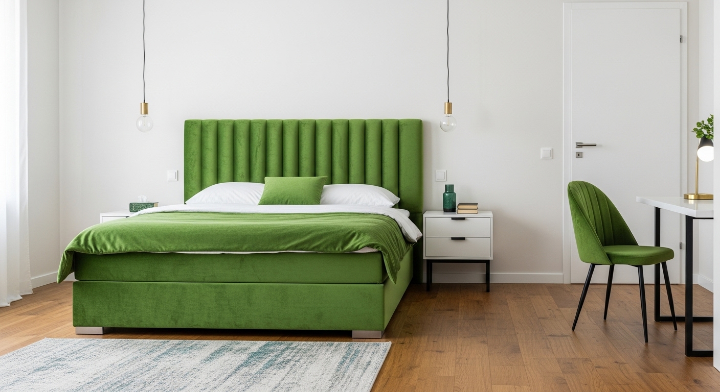 Bedroom with bold green headboard and chair, blending modern design with colorful personality and wooden floor.