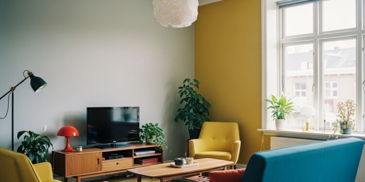 Stylish living room showcasing a yellow and grey two-colour wall combination, mid-century furniture, cozy lighting, and natural daylight for a modern home decor vibe. Let me now generate this featured image for you. One moment...