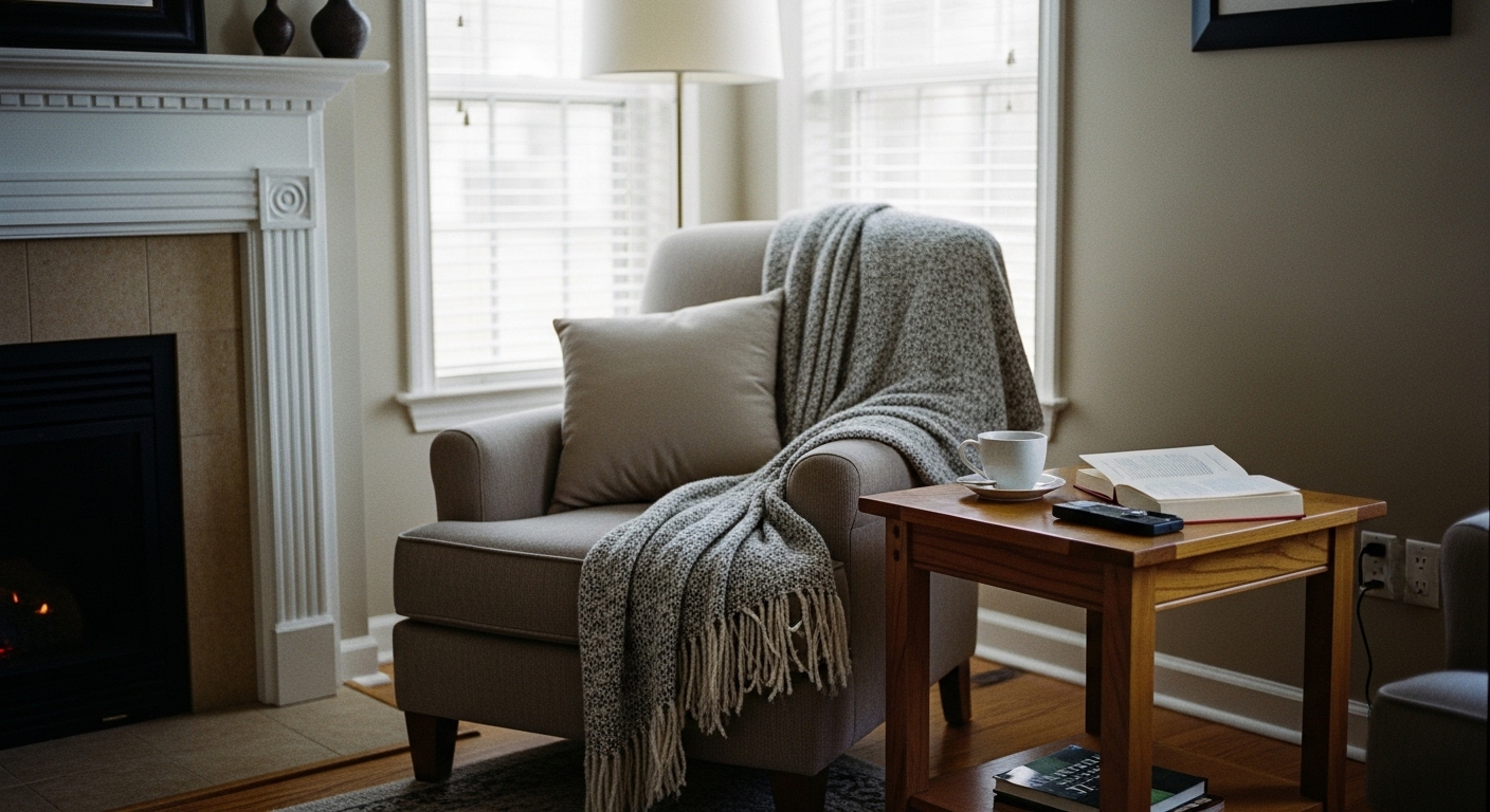 A cozy reading corner with an armchair, soft throw, and small table by a warm fireplace