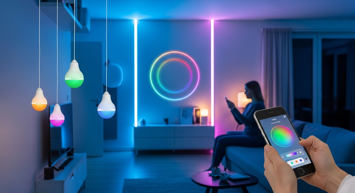 A tech-savvy modern living room featuring smart lighting controlled through a smartphone, with adjustable brightness and color temperature.