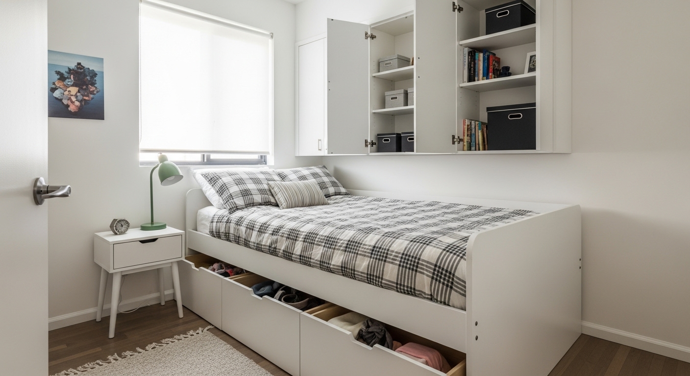 Compact bedroom featuring smart storage solutions with a bed that includes built-in drawers and minimal furniture
