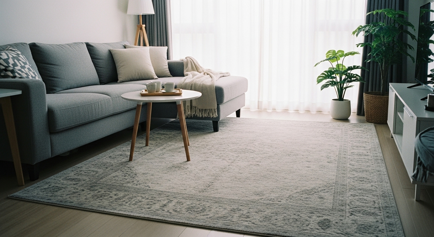 A large modern living room with a rug extending well beyond the edges of a gray sectional couch, adding balance and warmth.