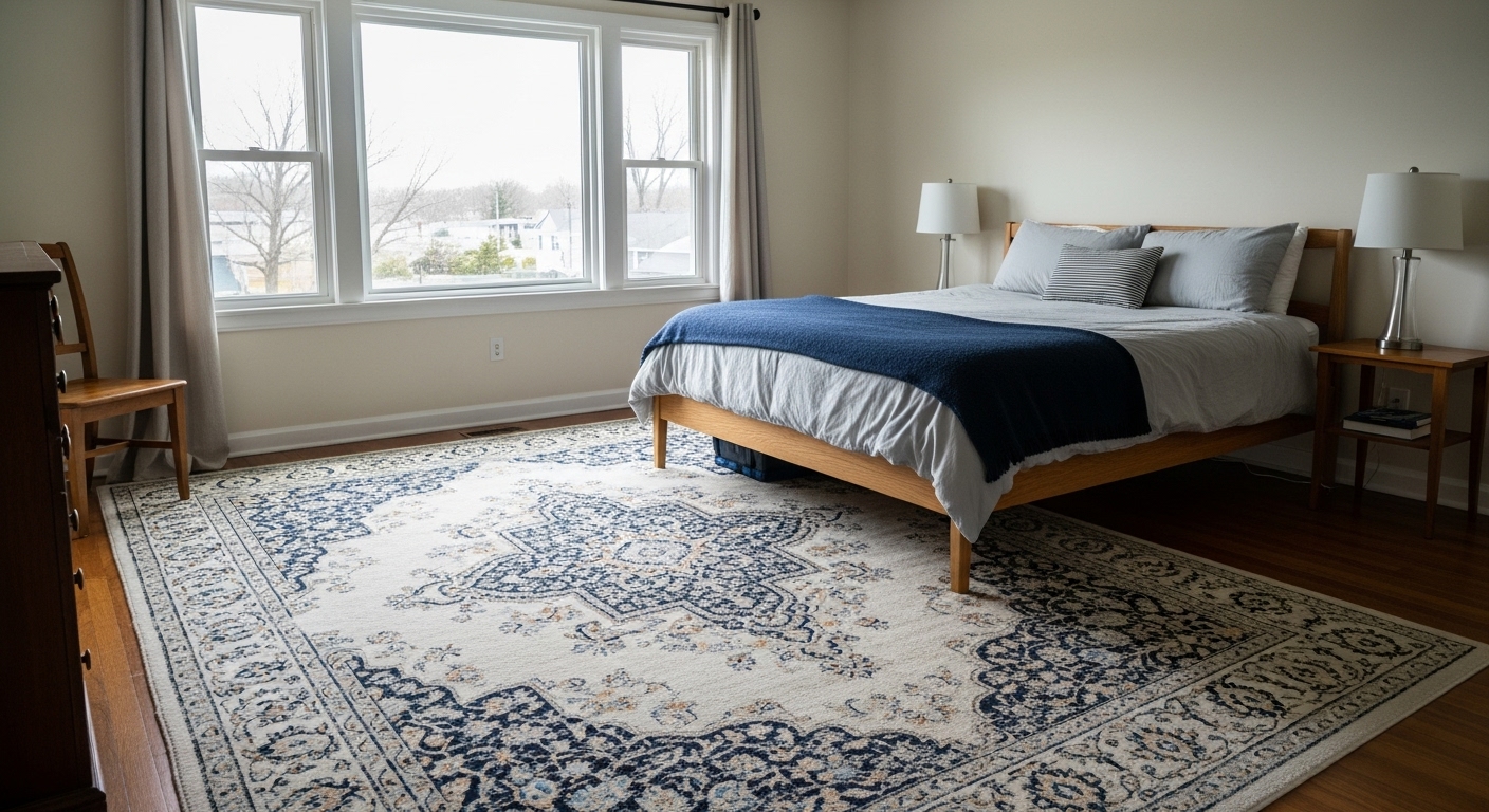 Bedroom showing incorrect rug proportions where an oversized rug disrupts visual balance and scale with the furniture.