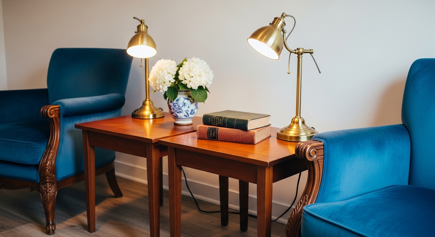 Pair of matching wooden side tables in a traditional setting with lamps and books.

