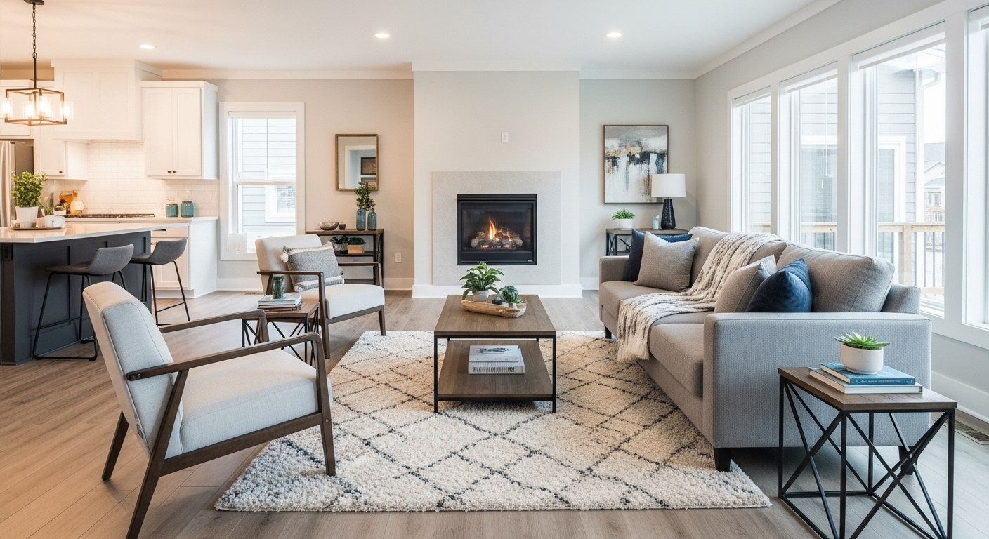 Corner fireplace as a central feature in a modern, well-decorated living room