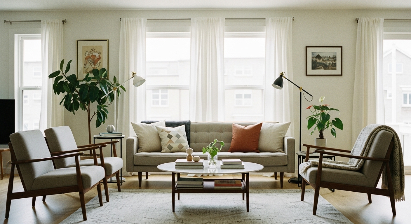 Stylish living area with aesthetic furniture groupings, decorative elements, and layered textures creating visual depth in the room.