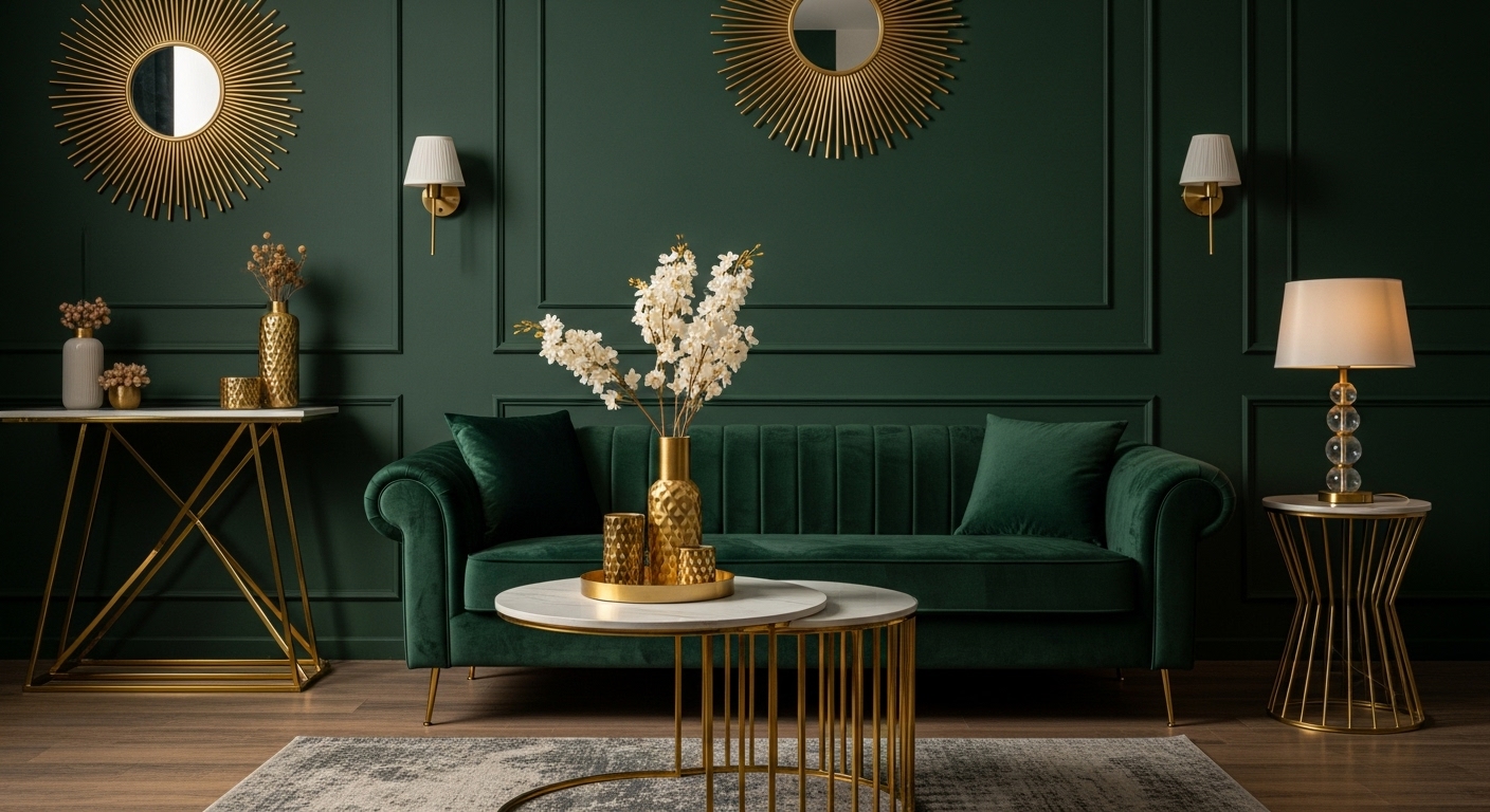 Forest green painted living room featuring gold framed artwork, a velvet sofa, and elegant lighting for a lush, sophisticated look.
