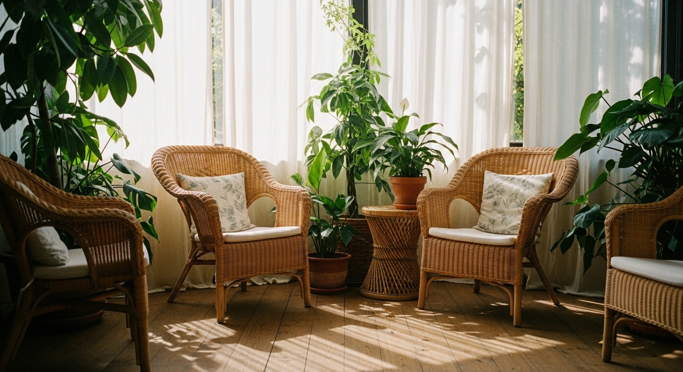 Bright summer-inspired living room with natural wicker furniture, houseplants, and sheer voile curtains bringing the outdoors inside.