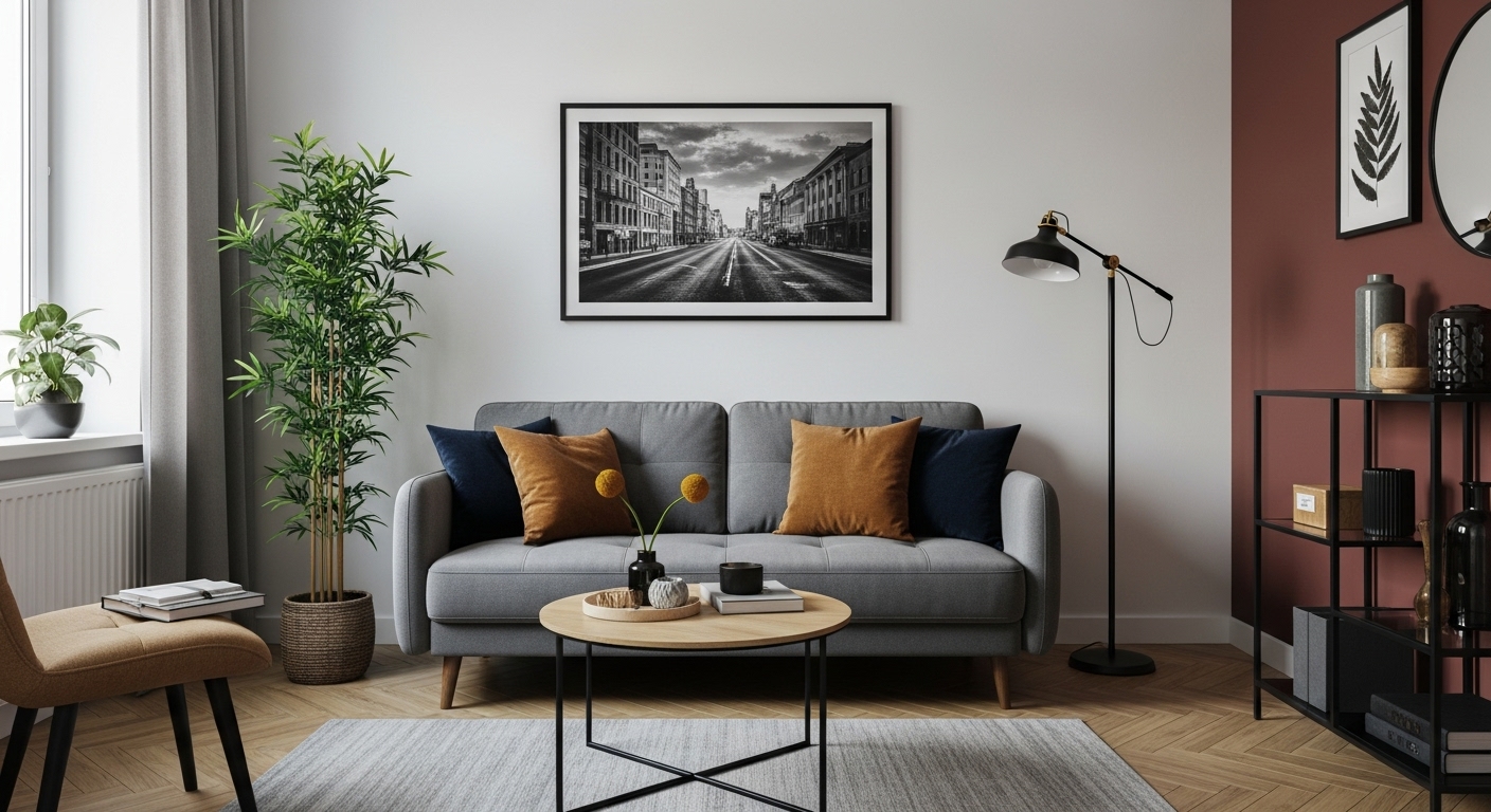 Interior view with furniture perfectly scaled to a small room, including large framed artwork and proportionate mirrors enhancing aesthetics
