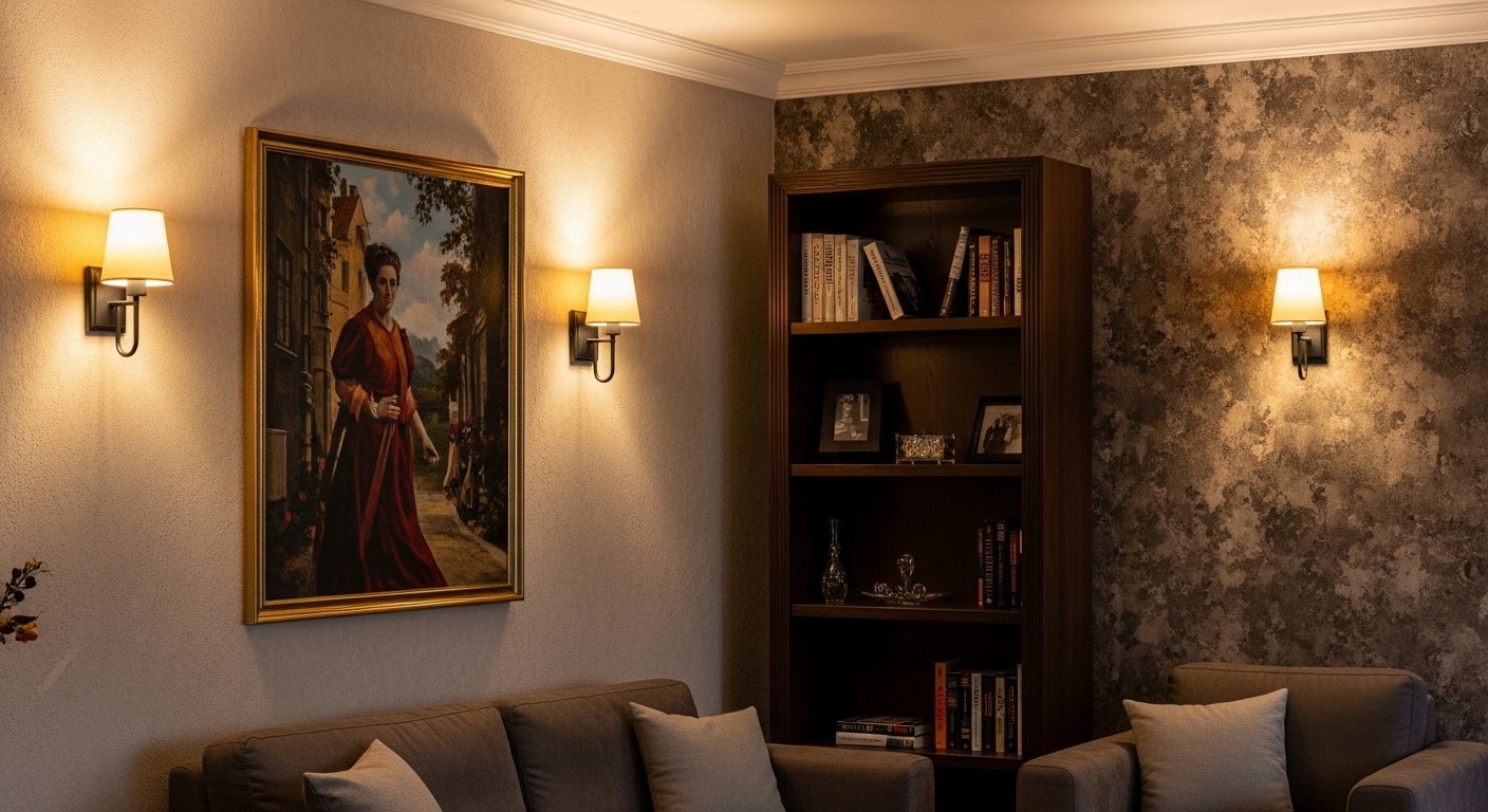 An elegant living room with accent lighting highlighting a painting, a bookshelf, and architectural features using wall sconces and picture lights.