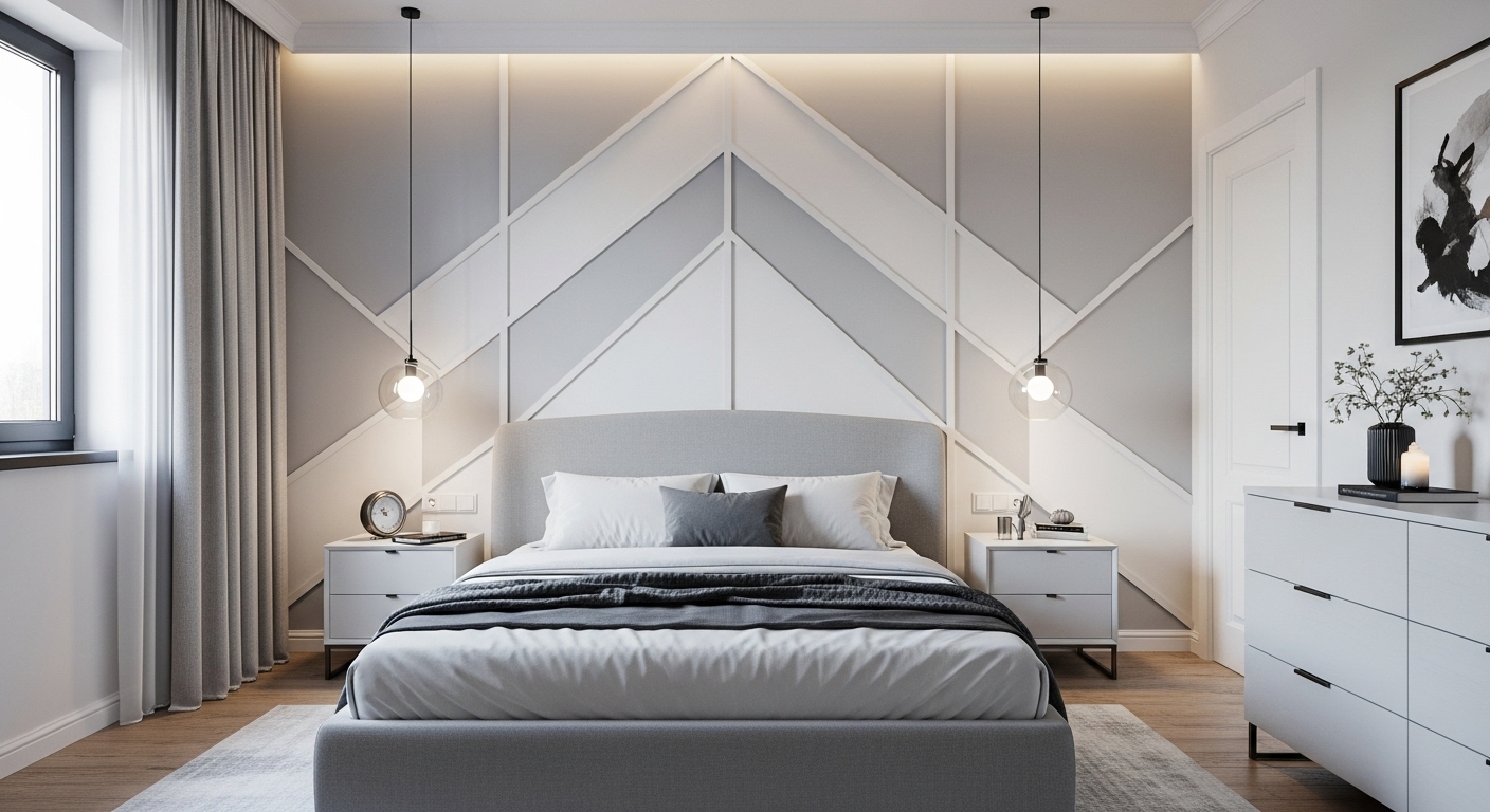 Contemporary bedroom interior featuring a grey and white chevron patterned accent wall with sleek decor.
