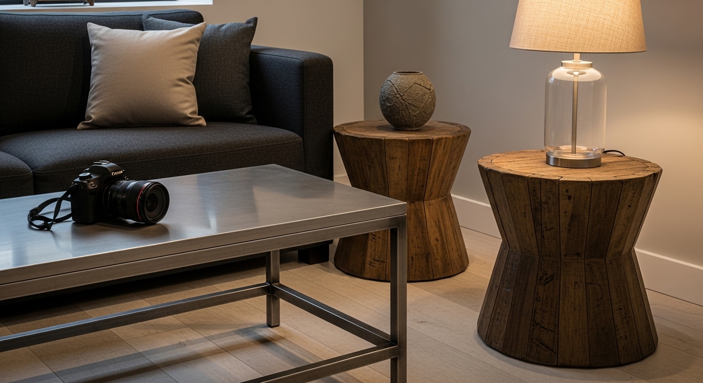 A modern metal coffee table paired with a classic wooden side table in a stylish rustic living room.