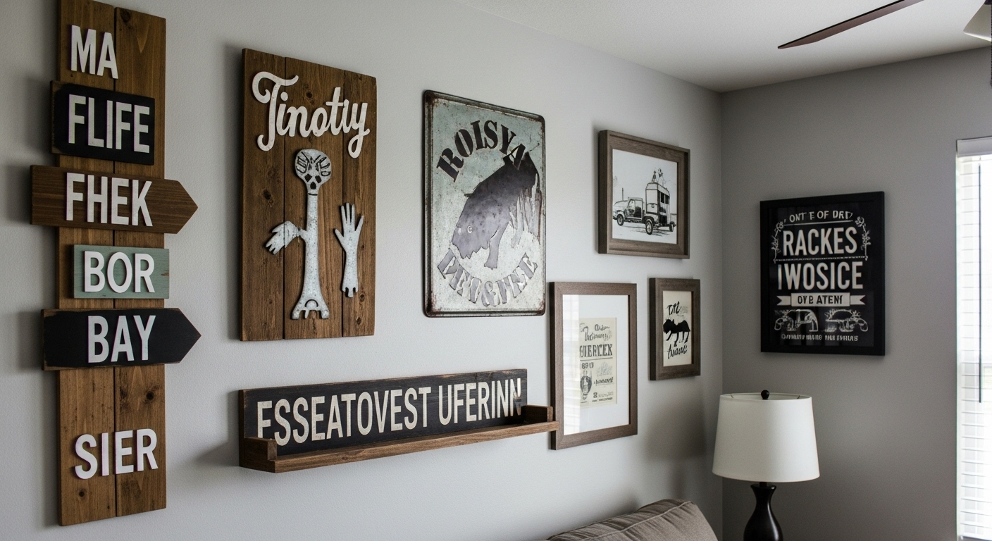 Light grey rustic living room wall featuring wooden signs, metal art pieces, and framed prints for a cozy, rugged farmhouse aesthetic.