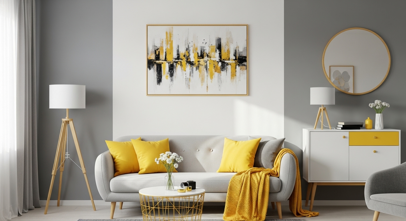 Chic grey and yellow themed living room with cozy textures and cheerful color pops.

