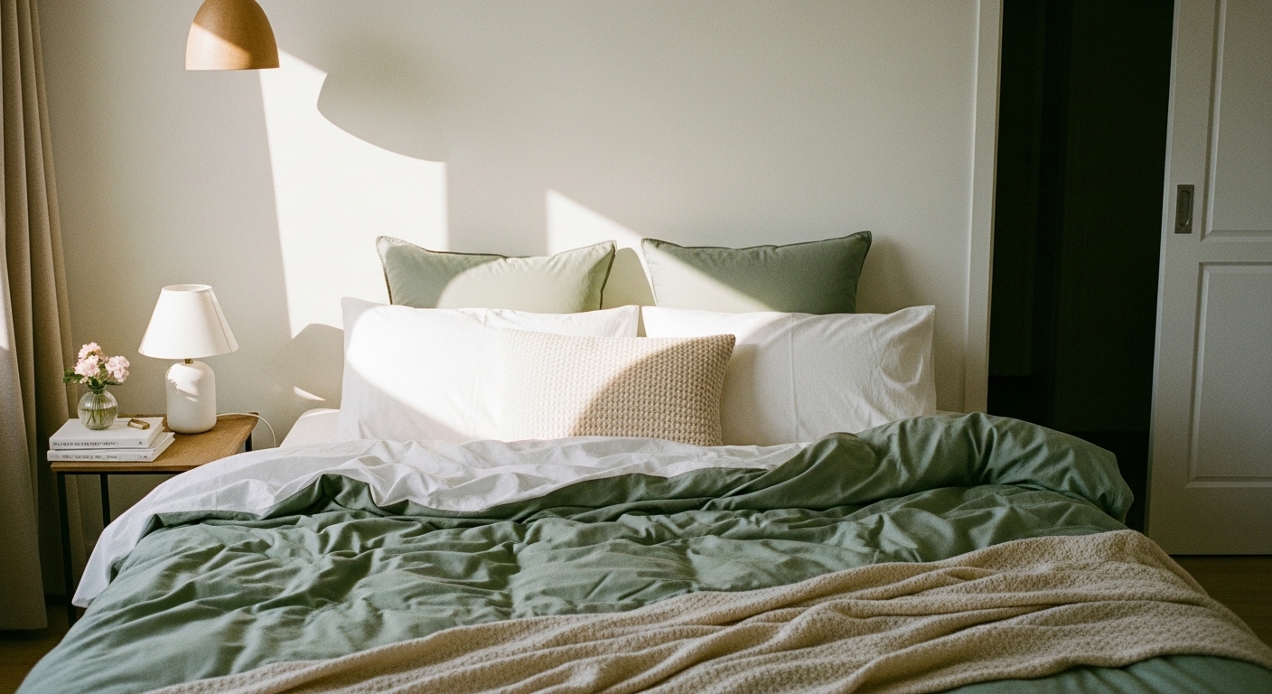 Stylish bedroom showcasing sage green bedding paired with white and cream sheets for a fresh and modern aesthetic.