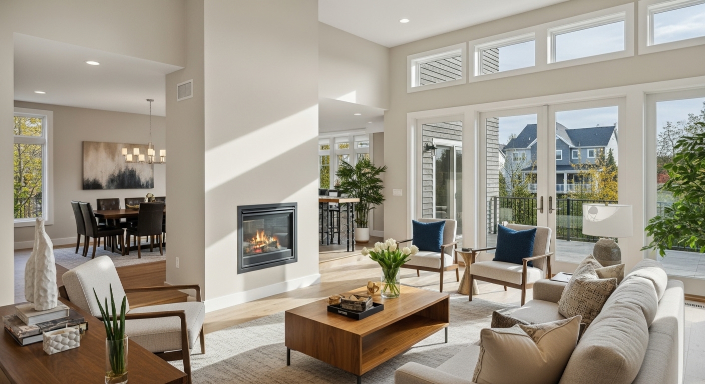 Furniture arranged to allow free movement while showcasing a cozy corner fireplace