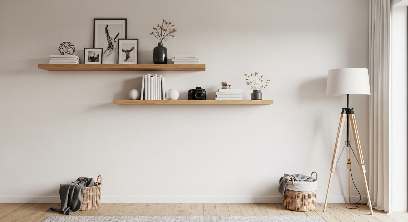 Minimalist wall with floating wooden shelves displaying neutral-toned books and decor, keeping the floor area clear for an open look.