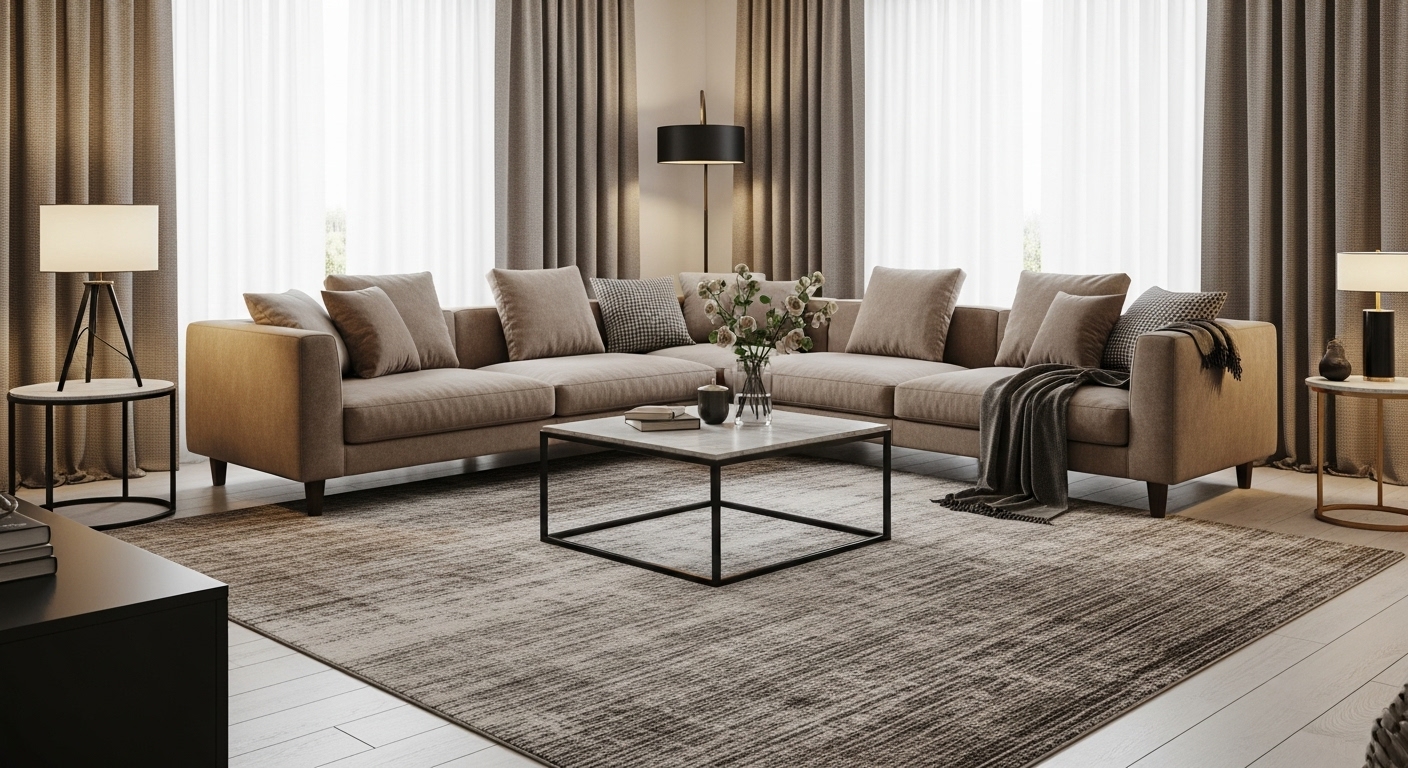Sectional sofa with all legs resting on a large rug, giving a unified and cohesive room design.

