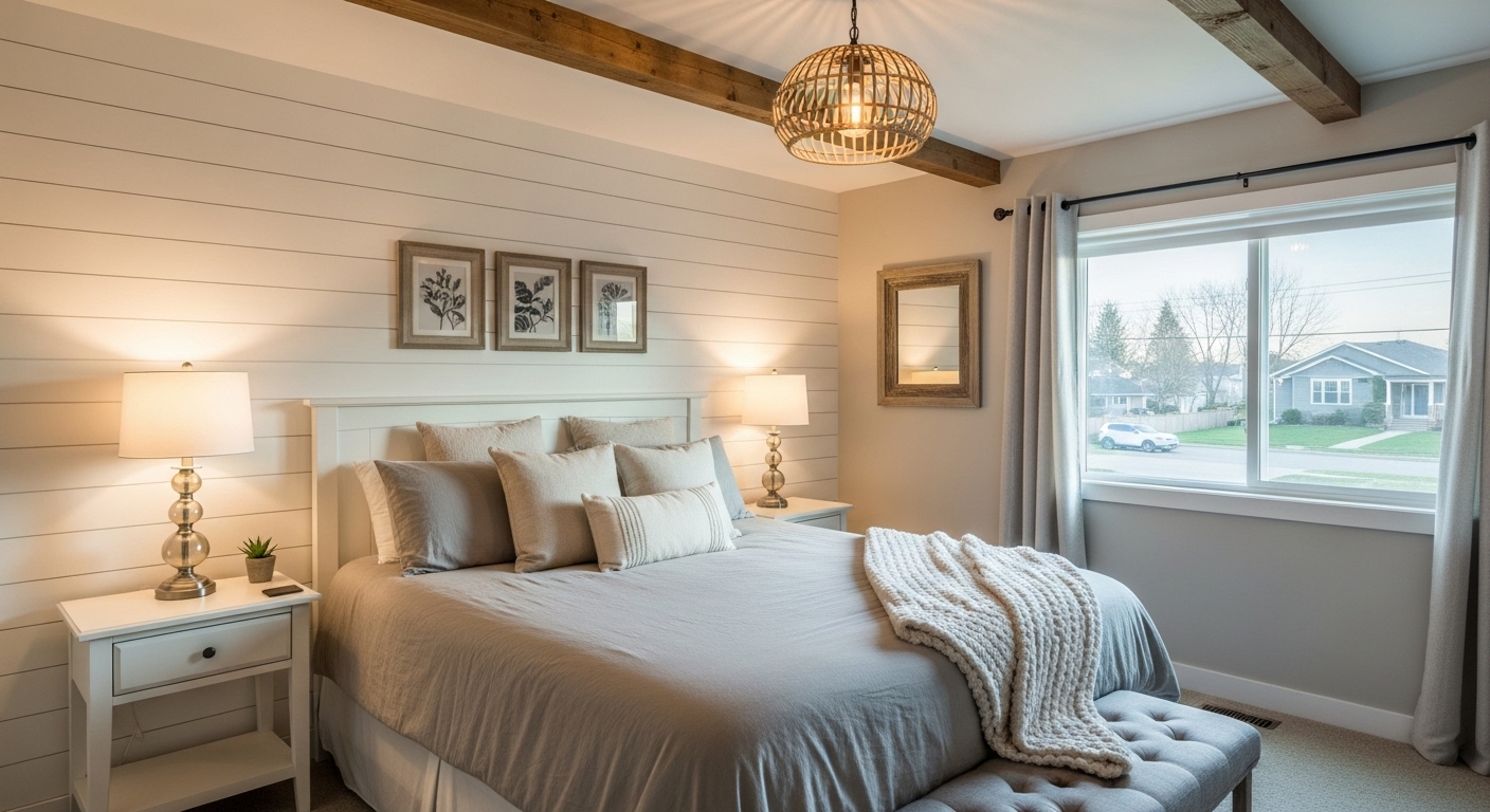 Wooden shiplap wall in a rustic bedroom, with cozy decor and warm tones

