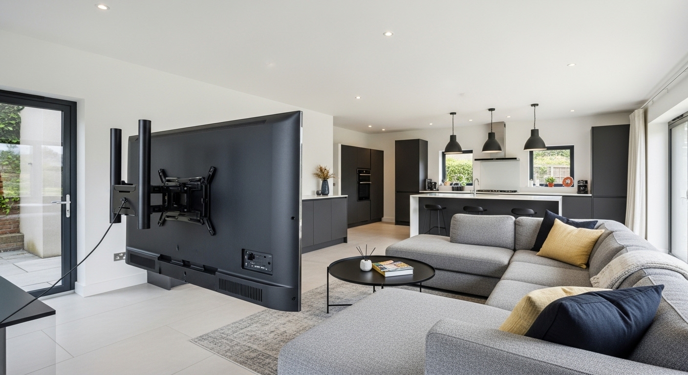 A large open living area with a TV on a swivel mount angled toward the seating area