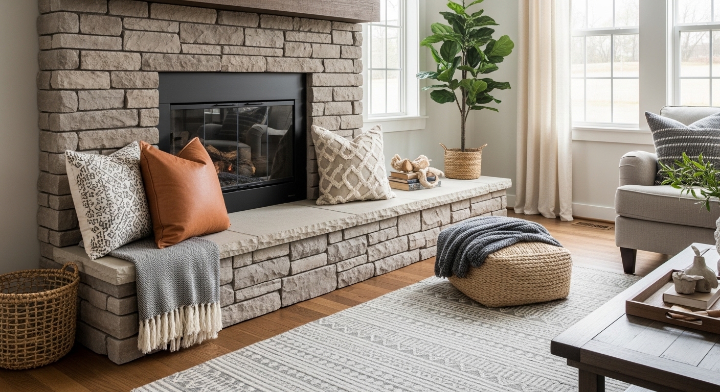Fireplace with extended hearth serving as a bench for extra seating

