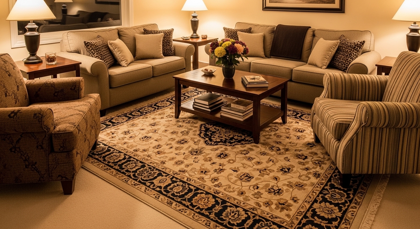 Defined conversation area in a living room with a rug extending beyond seating.

