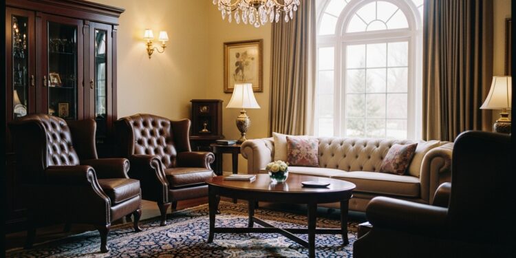 Traditional living room furniture featuring rich wood pieces, tufted sofa, leather armchairs, and vintage lighting creating a timeless and cozy space.