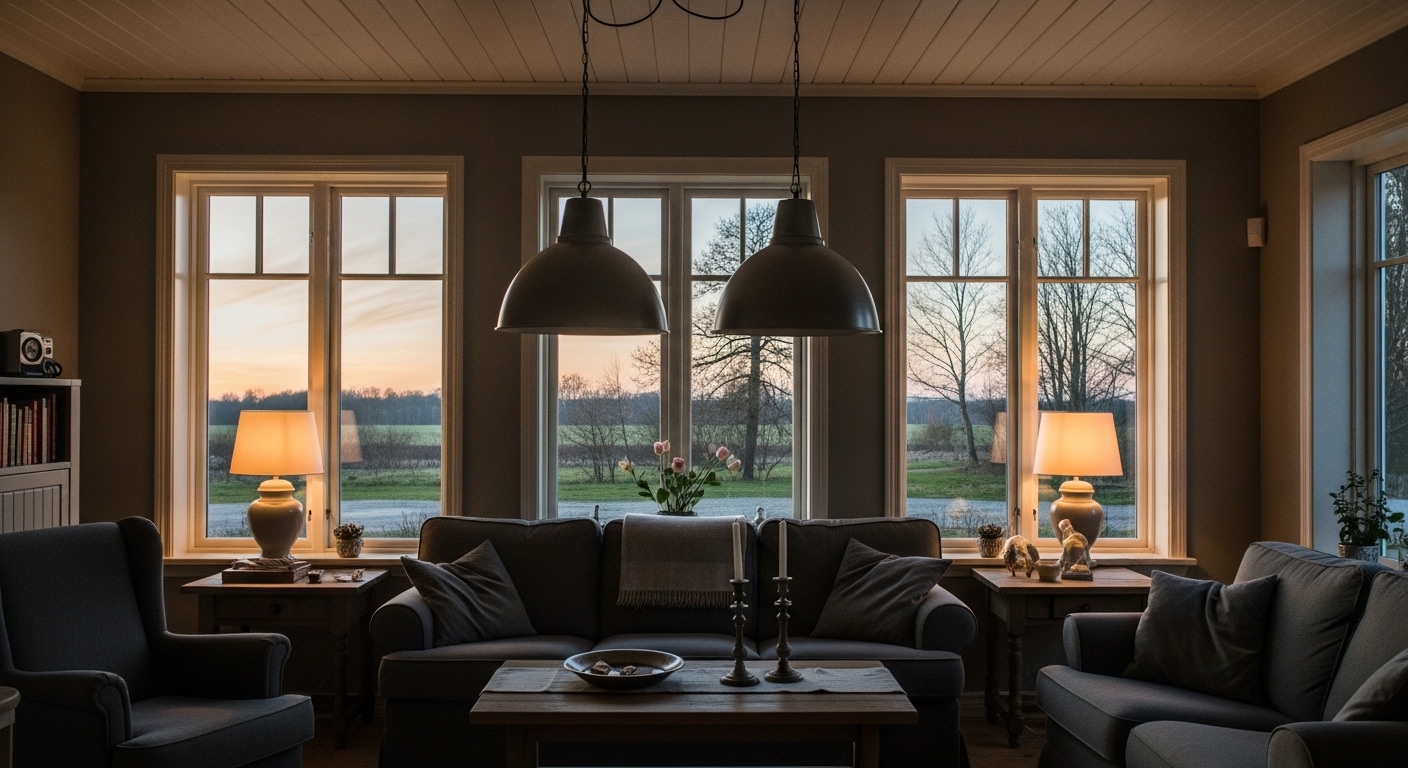 A farmhouse-style living room with natural light from large windows, pendant lamps, and table lights, creating a layered lighting effect.