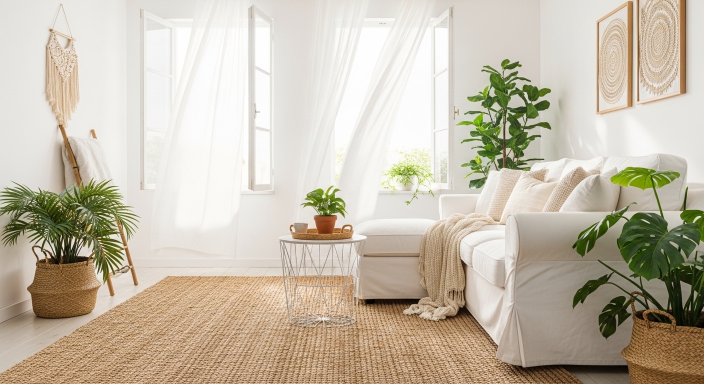 A winter-themed living room with thick layered rugs under a sectional, cozy textures and blankets creating warmth.