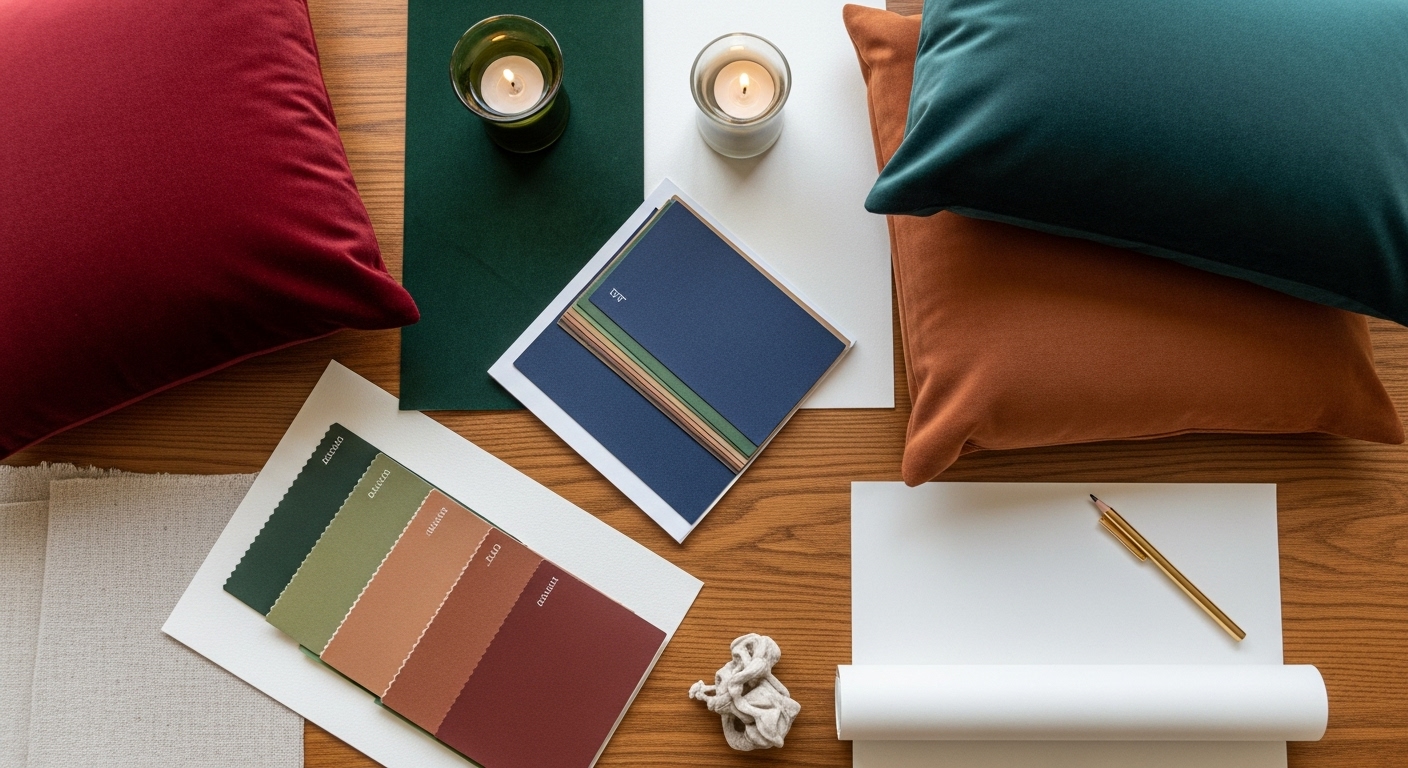 Color swatches and decor items showing deep red, forest green, navy blue, soft brown, and cream white tones