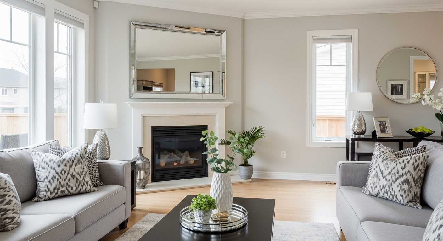  Large mirror installed above a fireplace reflecting natural light in the room

