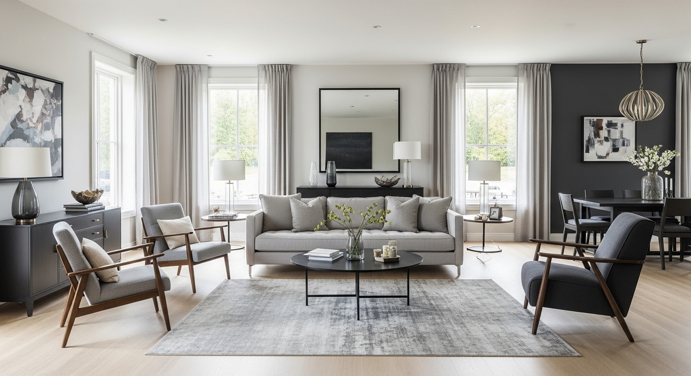 Floating living room setup with a large rug unifying all furniture away from walls.

