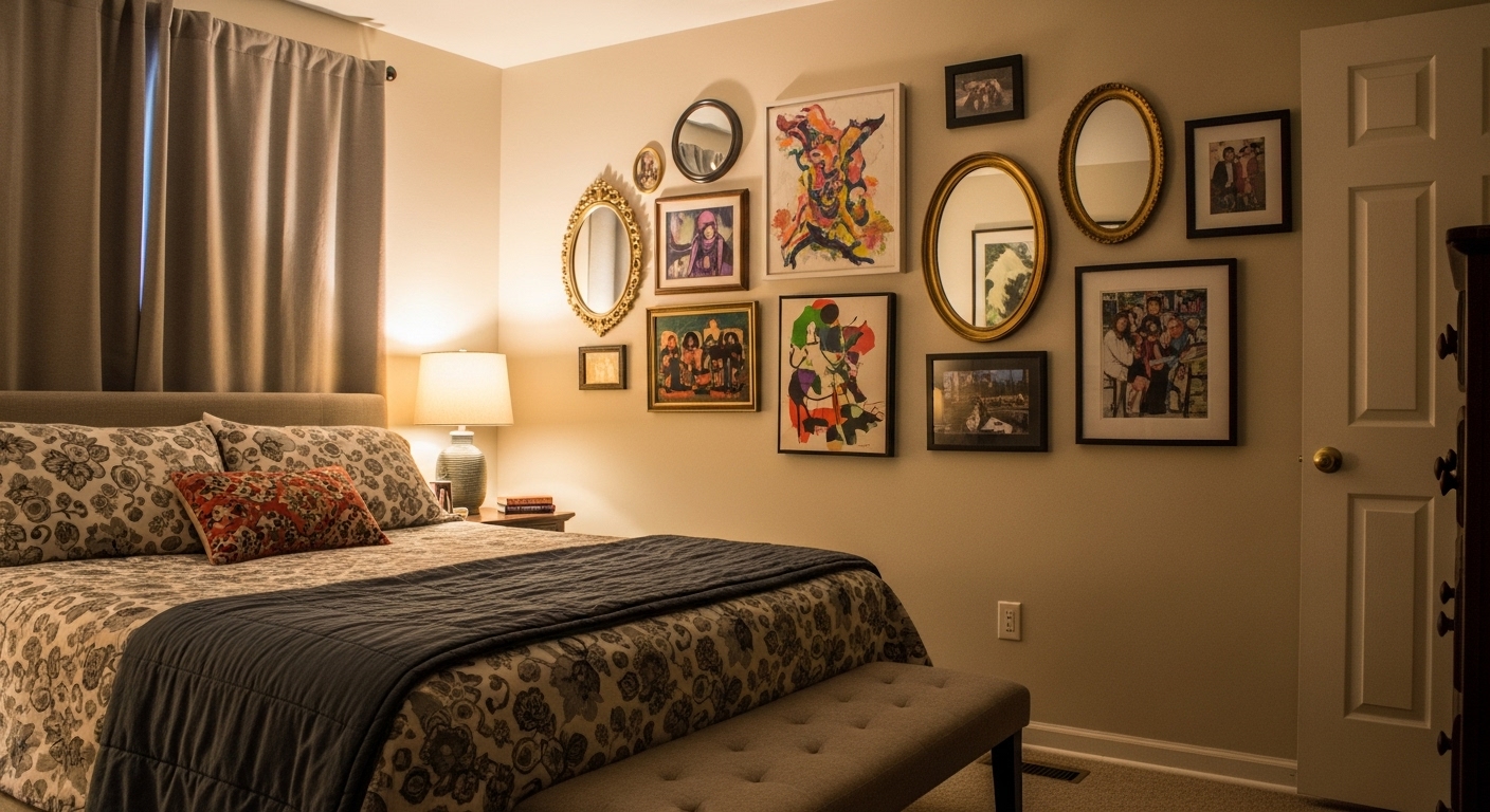 Artistic bedroom gallery wall featuring framed photos, artwork, and decorative mirrors