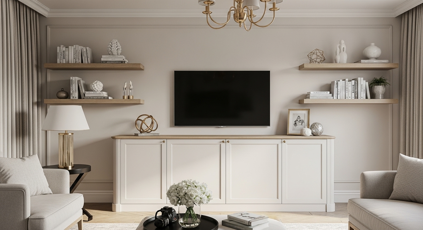A luxury living room with a TV hidden inside a built-in cabinet for a minimalist aesthetic
