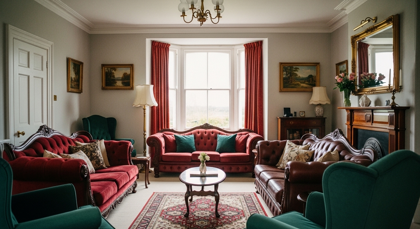 A cozy classic living room featuring Victorian and Chesterfield furniture with rich wood and deep-toned fabrics