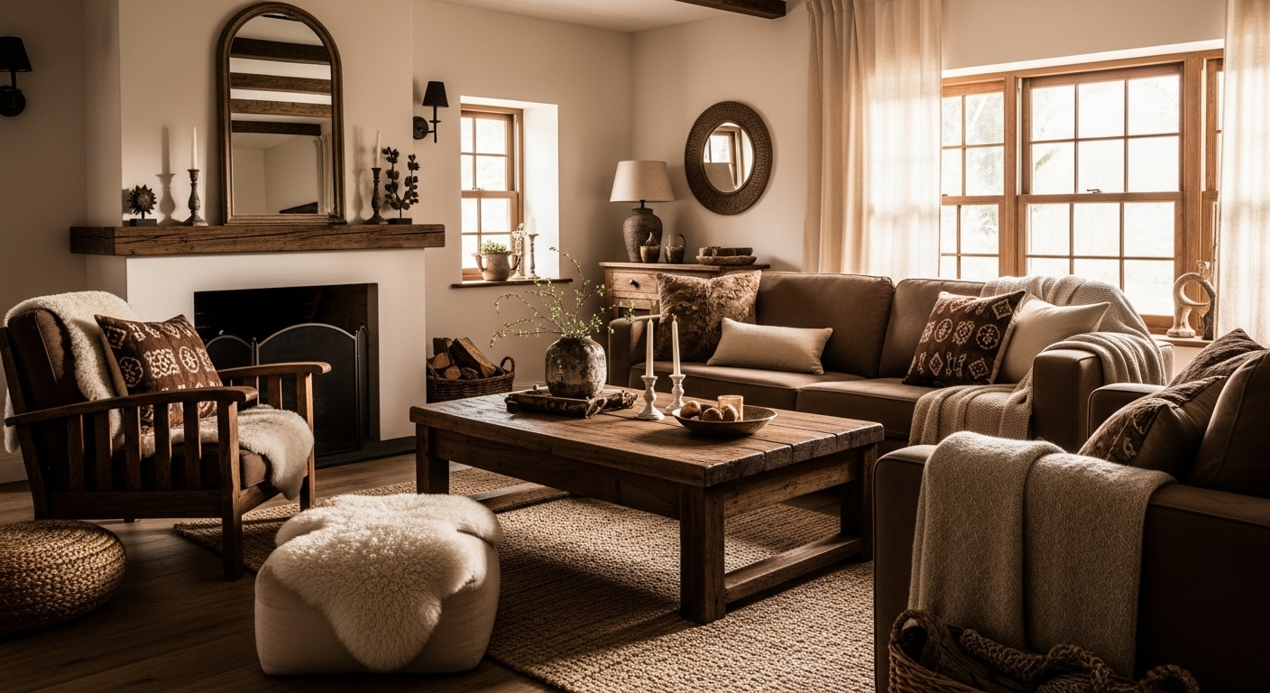 Warm and earthy brown and cream living room design, ideal for rustic or traditional homes.

