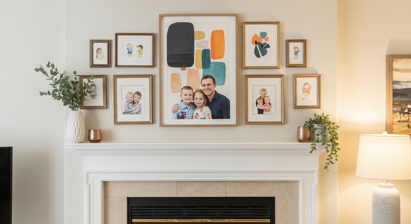 Gallery wall with framed art and family photos mounted above a home fireplace